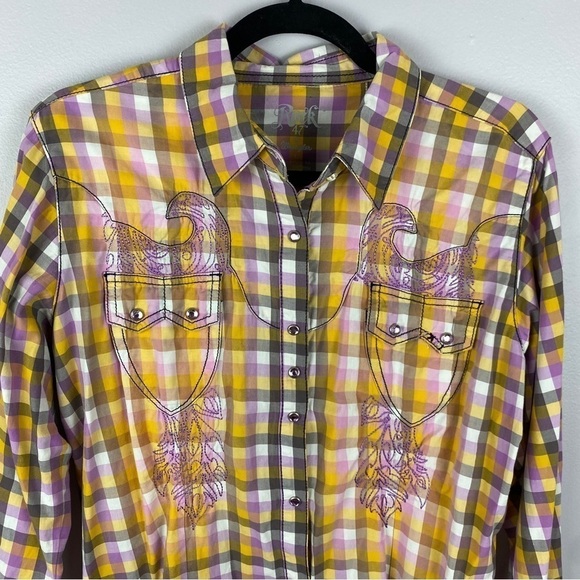 Wrangler Rock 47 Woven Sunbleach Plaid Snap Down Shirt Large Yellow Lilac - Picture 3 of 15